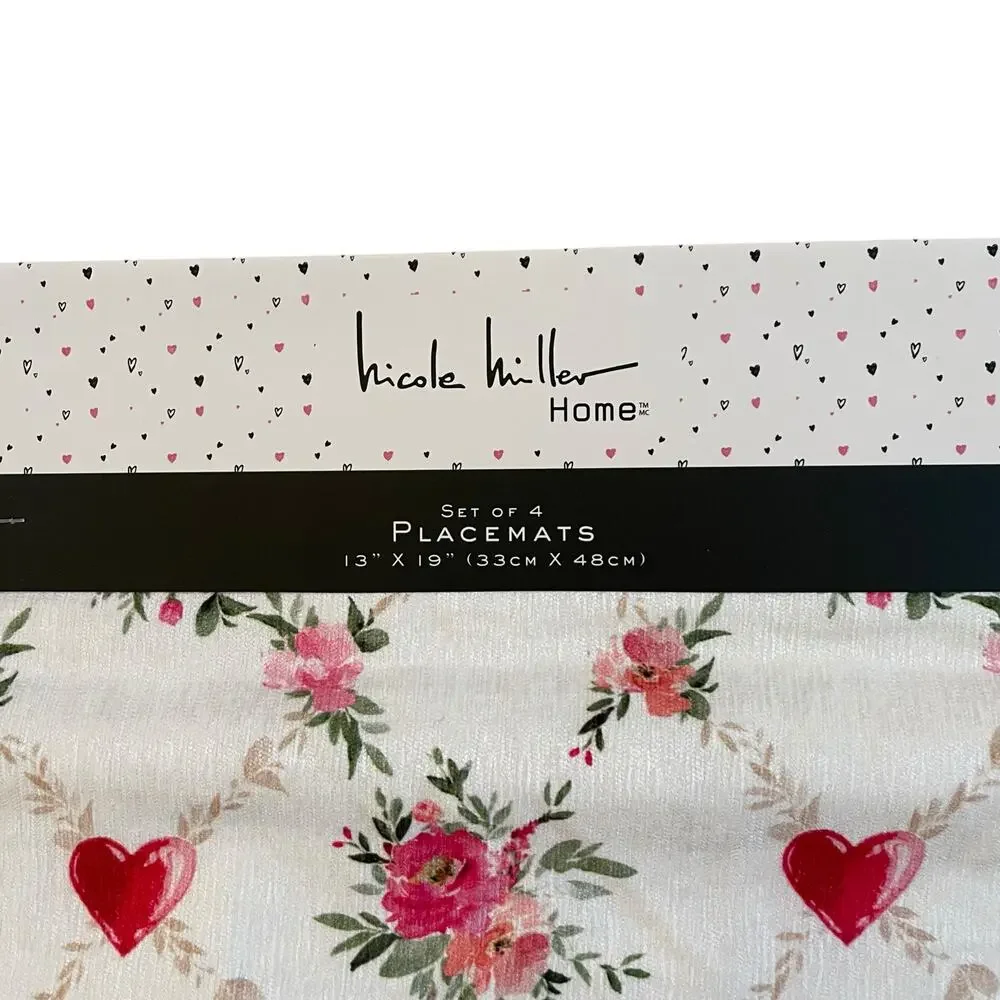 Nicole Miller Valentines Day Heart Placemats 13x19 Pink & Red Floral Set 4 New